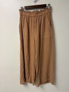 Frnch Cotton Linen Blend Paperbag Waist Wide Leg Crop Pants Brown Size Small